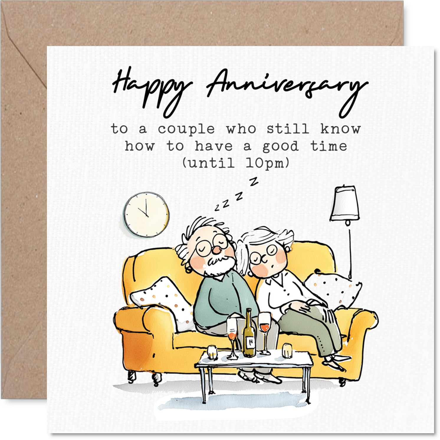 Funny Anniversary Card - Lights Out by 10Pm - Quirky Illustration of a Couple Lounging on a Yellow Sofa - for Pairs Who Love a Laugh Together - 145mm Square, Envelope Included