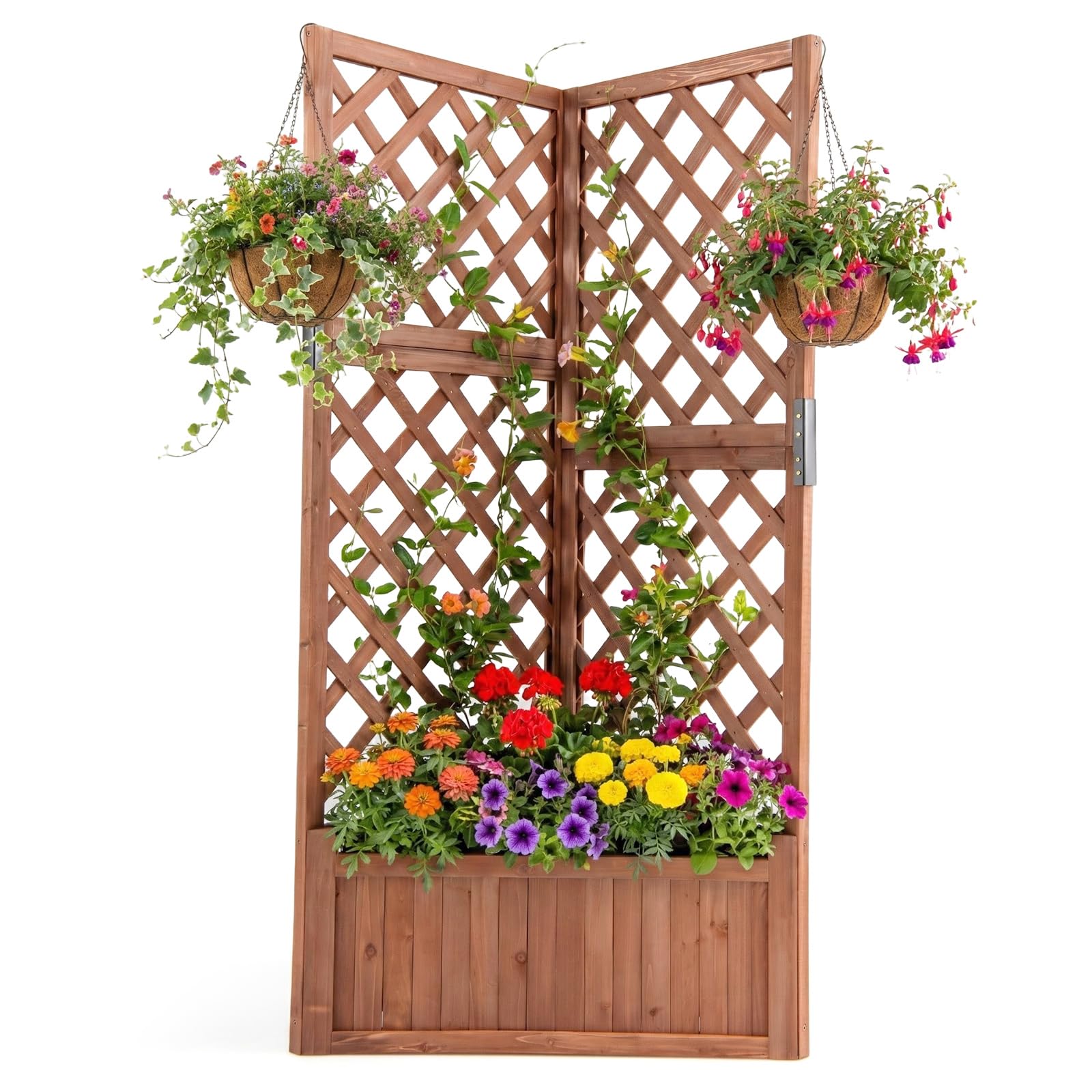 RELAX4LIFE 2 IN 1 Fioriera da Esterno, Orto Rialzato da Esterno in Legno di Abete con Grigliato, Drenaggio, Fioriera Angolare per Piante Rampicanti, Orto, per Balcone e Giardino, 55x55x140cm (Marrone)