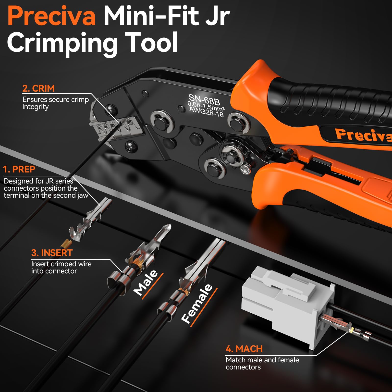 Preciva Alicates de crimpado, 0,08-1,5 mm² (AWG28-16) también, 472 conectores eléctricos Mini-Fit Jr (2/4/6/8/10 pines) con kit de herramientas de crimpado, para Dupont, Molex, KF2510, JST-PH, XH, SYP
