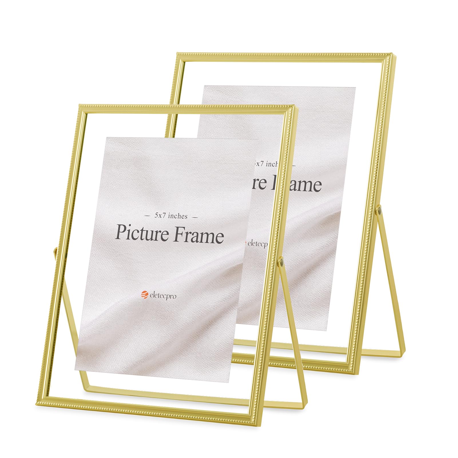 eletecpro 7x9 Gold Floating Picture Frame Set of 2 with HD Glass, Display Suitable for Multiple Photo Sizes up to 5x7, Metal Standing Pressed Flowers Photo Frames for Wedding, Party, Memorial Photos