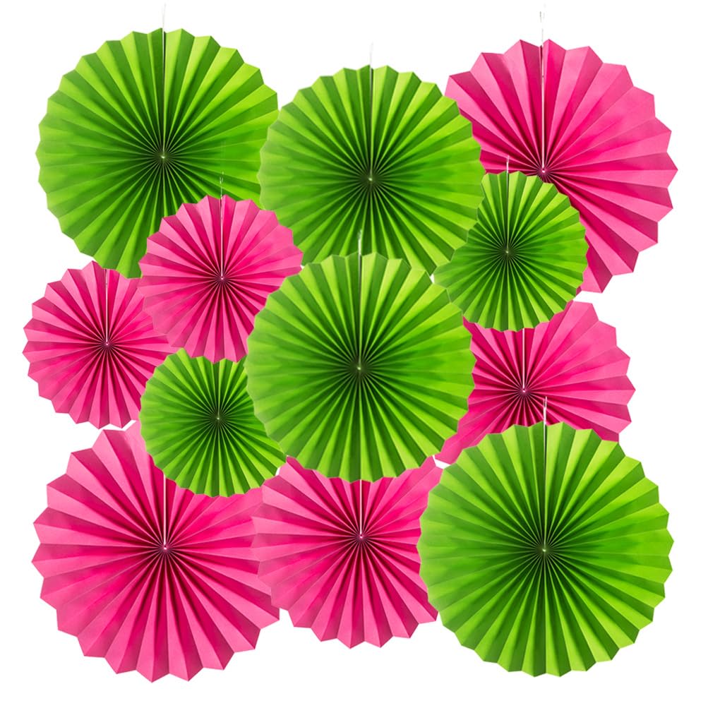 MOWO Hot Pink and Green Paper Fans, 12pc, Variety Pack, Tropical Style, Birthday, Wedding, Baby Shower, Graduation, Hanging Ornaments, Paper Material