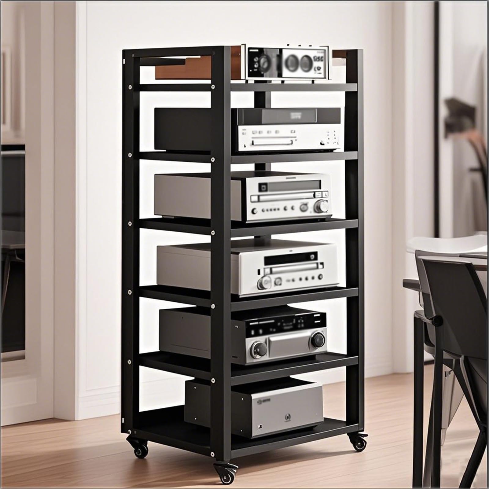 Dernoing 6 Tier Audio Rack Tower, CD Record Player Stereo Receiver AV Equipment Cabinet Display Rack, Weight Capacity 661 lbs, with Adjustable Wooden