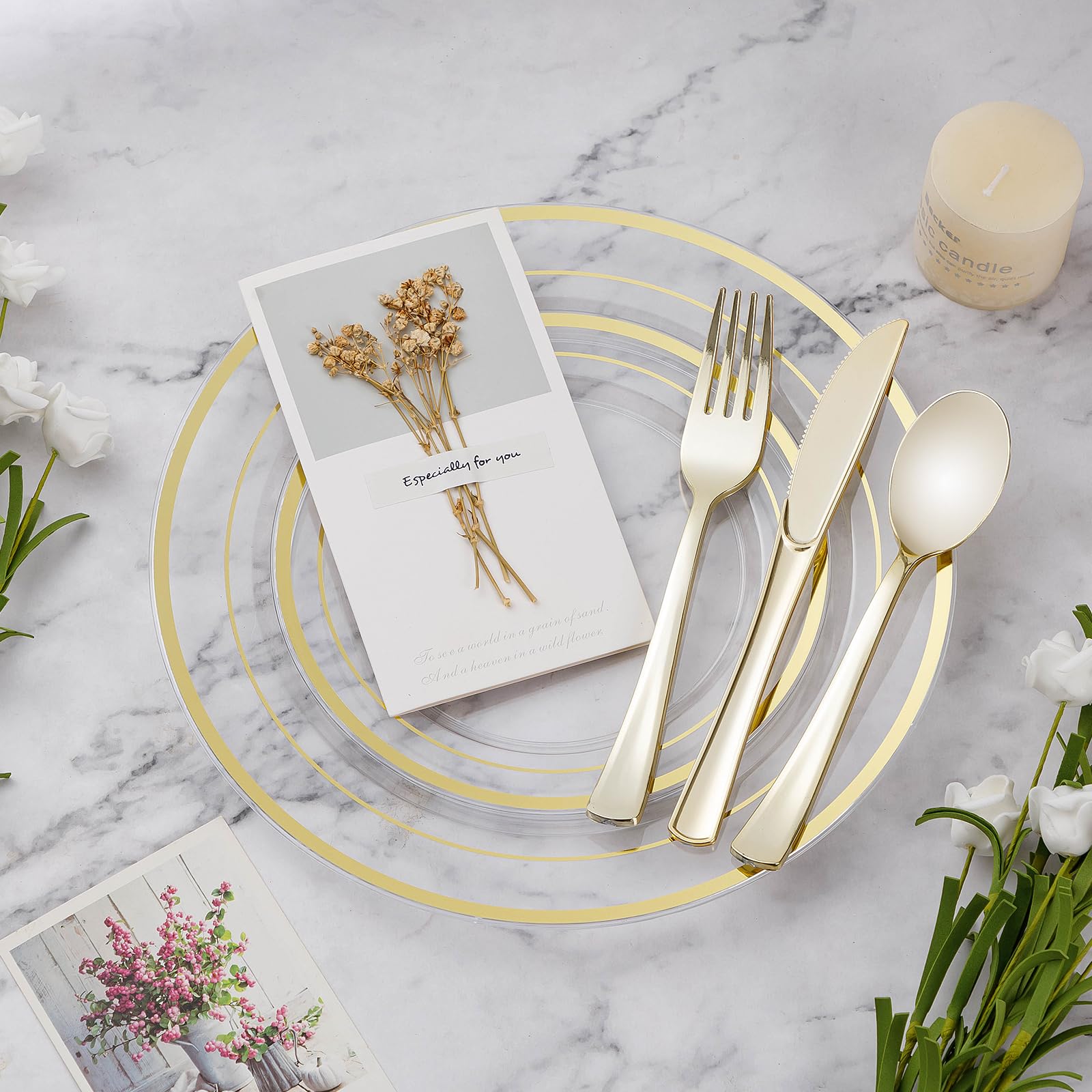 Photo 1 of BESTVIP 600PCS Clear Gold Dinnerware Set for 100 Guests, Plastic Plates for Party, Christmas and New Year, 100 Disposable Plates, 100 Dessert Plates, 100 Cups, 100 Spoons, 100 Forks and 100 Knives