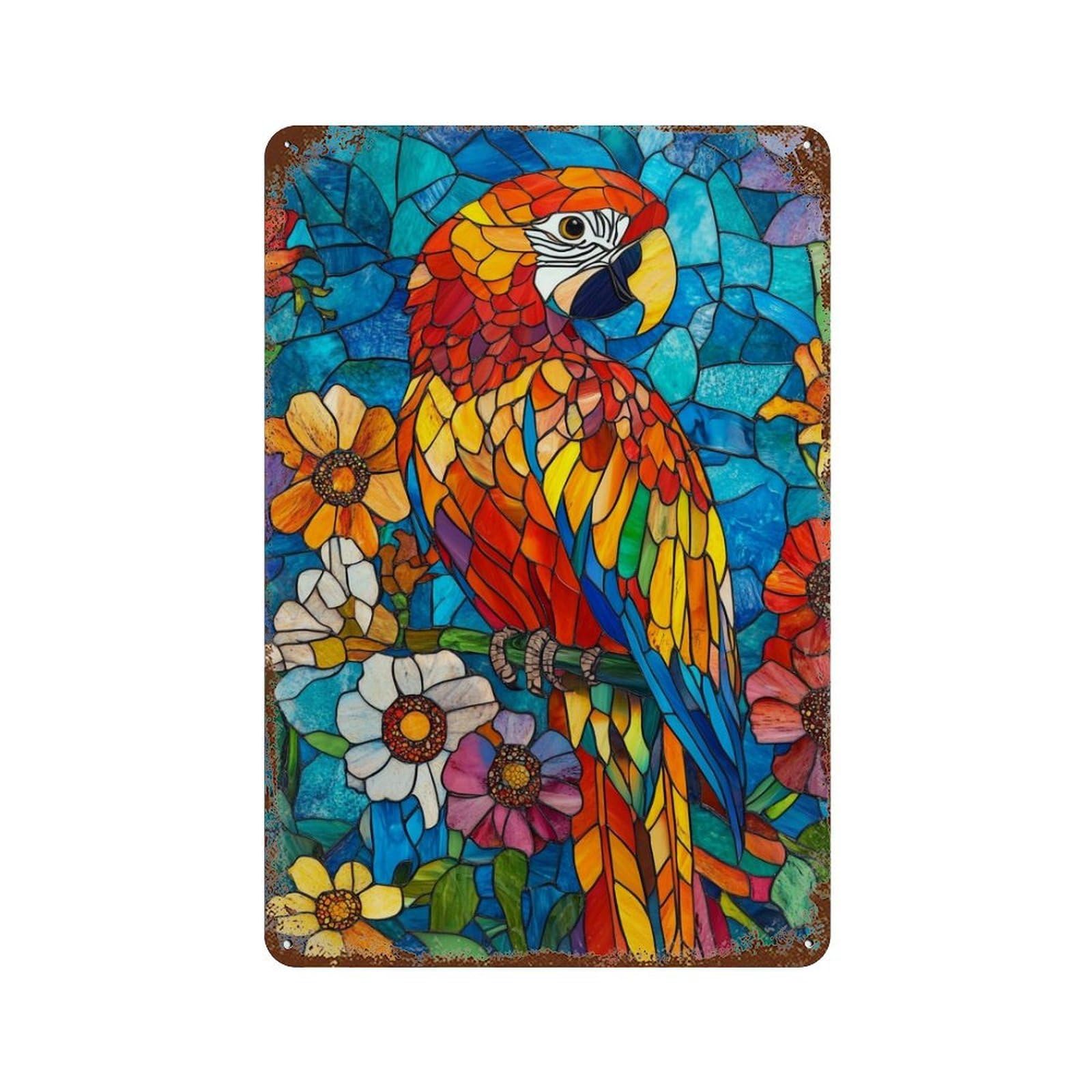 Distressed Metal Wall Sign Stained Glass Parrot Artwork-5 11.8"x7.9", Shabby Chic Decor for Patio, Garden Room And Bar Decor