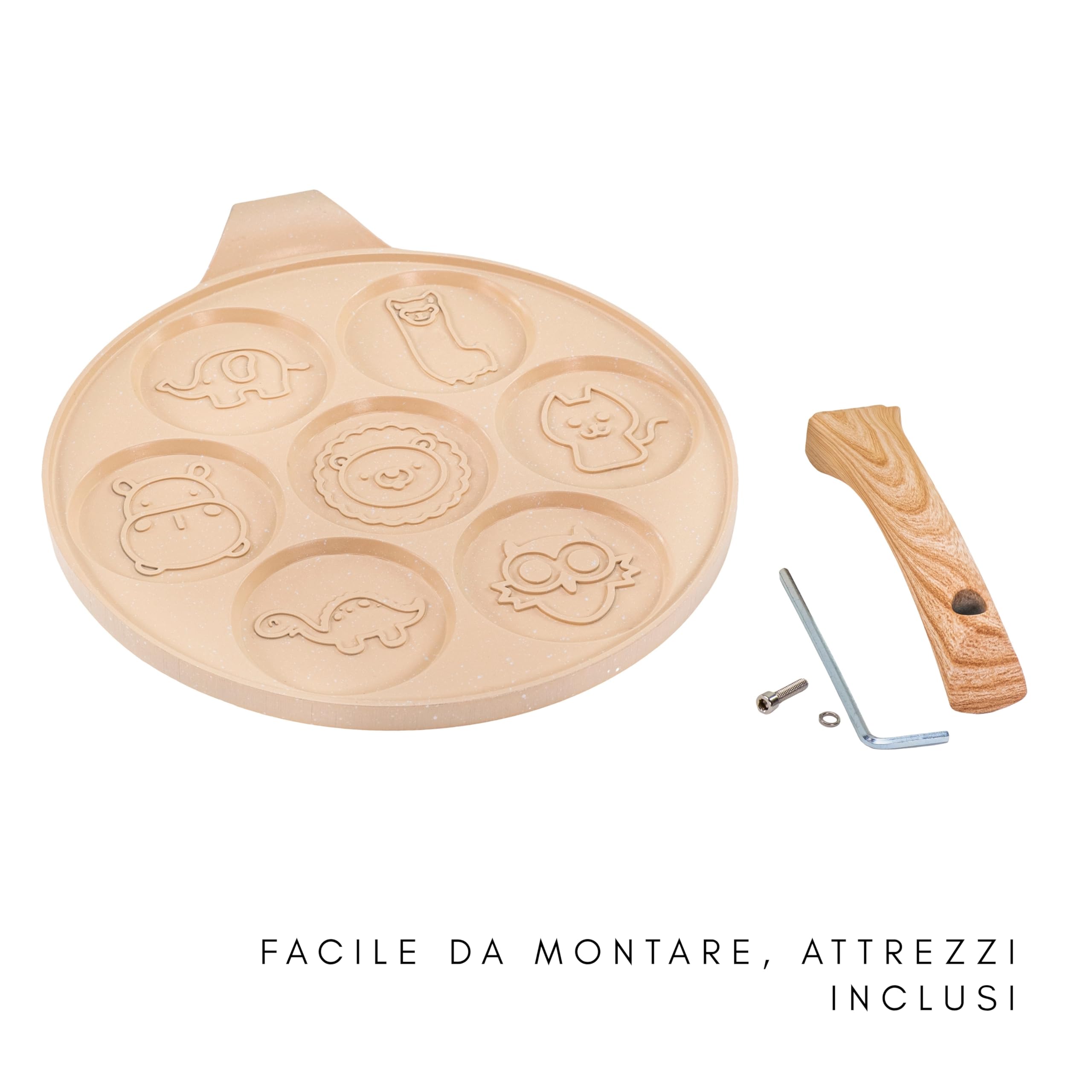 Erreke Padella per Pancake, Crepiera, Tutti i Piani Cottura e Induzione, Doppio Rivestimento Antiaderente, Design Animaletti, Manico Soft-Touch, 7 Pancake o Crepe, 26 cm Colore Beige