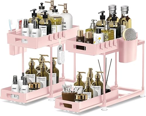 POJORY Paquete de 2 organizadores y almacenamiento deslizantes dobles para debajo del fregadero, organizador extraíble de 2 niveles para debajo del