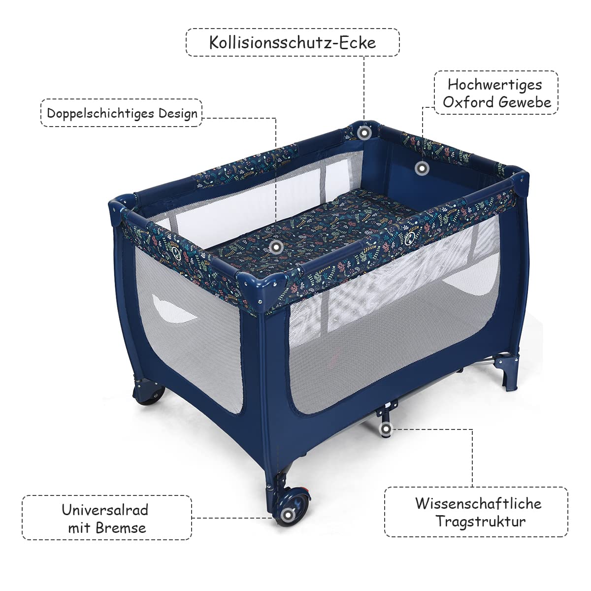 COSTWAY 2 in 1 Reisebett & Laufstall klappbar, 120 x 60cm Kinderbett, 2 Ebenen Babybett mit Matratze und Tragetasche (Blau)