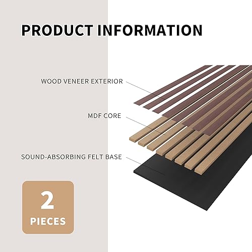 Miniatura 3 de POHARE Paneles de pared de listones de madera, paquete de 2 listones decorativos de madera acústica para pared y techos, paneles acústicos para