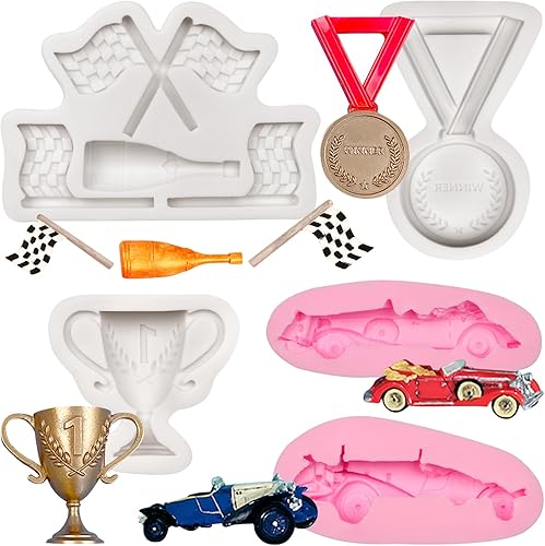 Moldes de silicona para auto de carreras, trofeos de medalla, bandera de cheque de silicona, moldes de cocina de carreras para decoración de