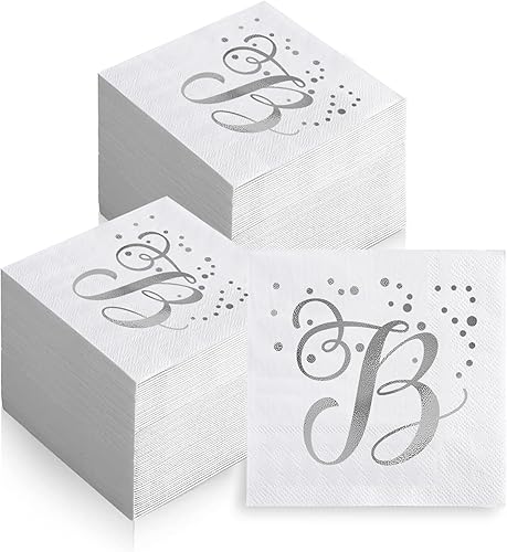 Paquete de 200 servilletas desechables con monograma de papel de aluminio plateado con letra B, servilletas de bebidas iniciales para bodas, fiestas
