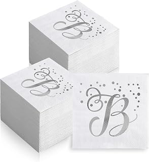 200 Pack Disposable Monogrammed Cocktail Napkins Silver Foil Letter B Paper Napkins Initial Beverage Napkin for Wedding Birthday Party Baby Shower Holiday Dinnerware Table Decor