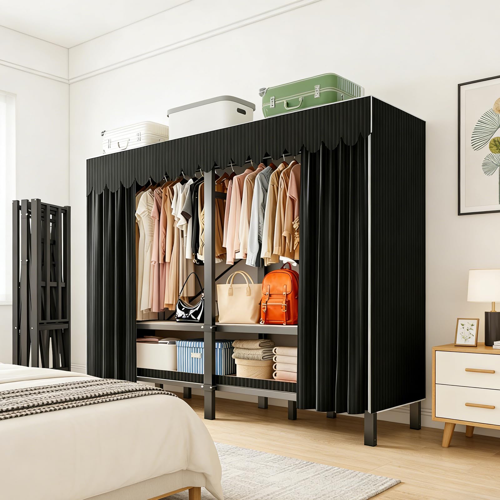 74.8in Heavy Duty Portable Closet, Foldable Wardrobe Closet with Cover, Metal Clothing Shelves for Clothes Organizers and Storage, for Bedrooms, Apartments, Rental Properties (Black, 74.8in)