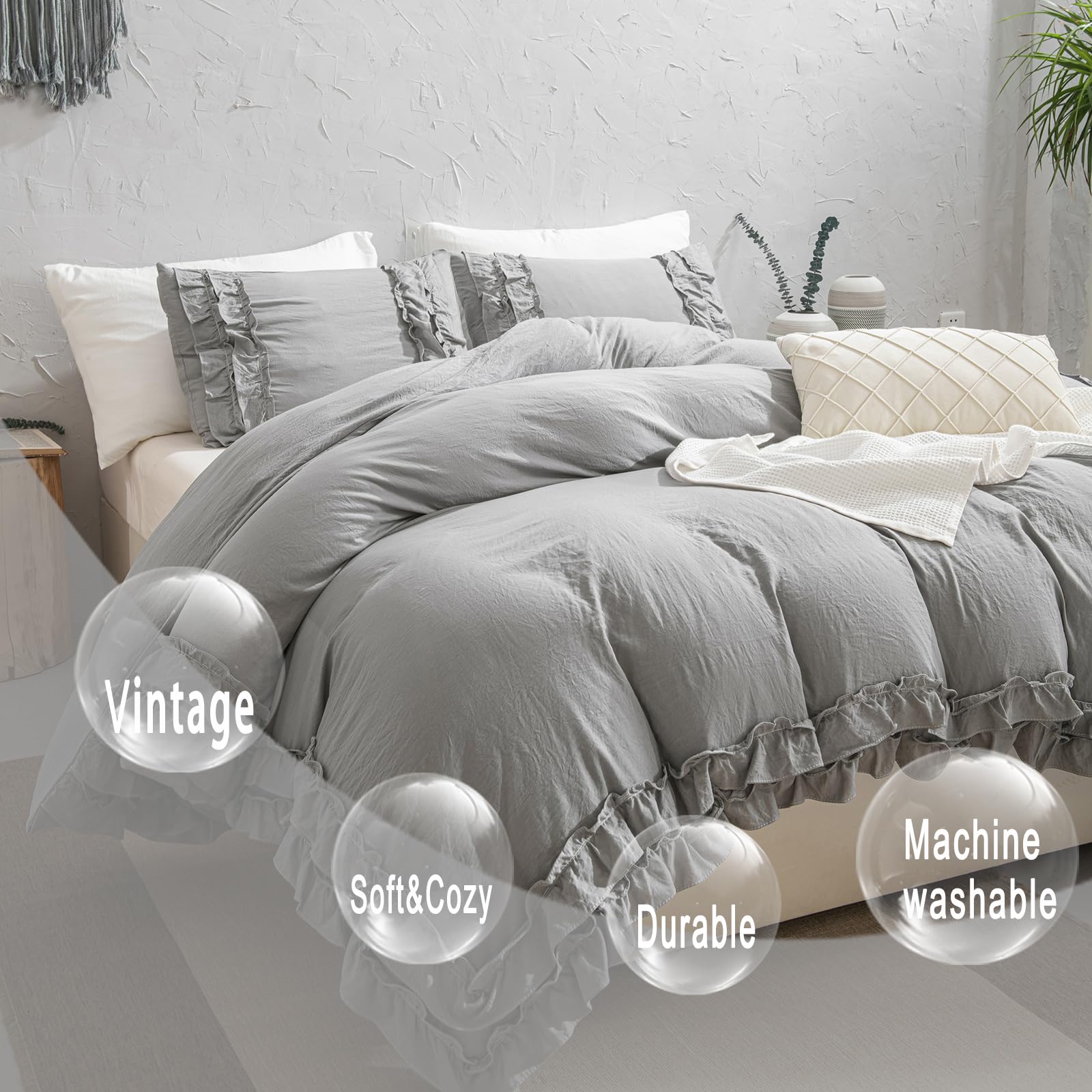 Herside Boho Ruffled Bedding Set Double Solid Grey Duvet Cover Set 2 Layers Ruffled Printed Shabby Rustic Quilt Cover Reversible Bedding with Zipper Closure(Grey - Image 4