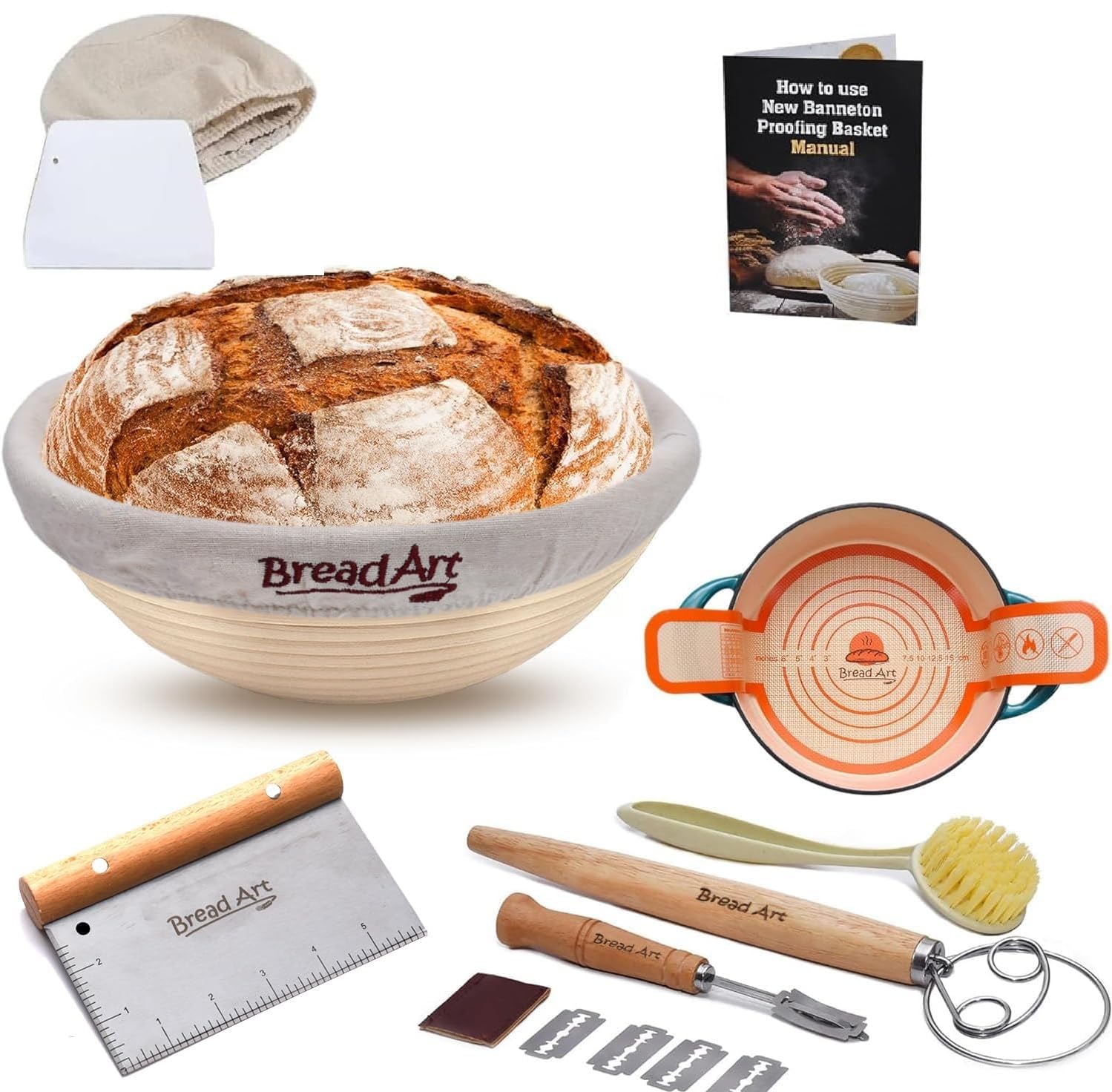 Banneton Bread Proofing Basket Set - 9 Inch round sourdough proofing basket with Silicone Bread Sling, Dough Scrapers, Bread lame, Dough Whisk and a Cleaning Brush