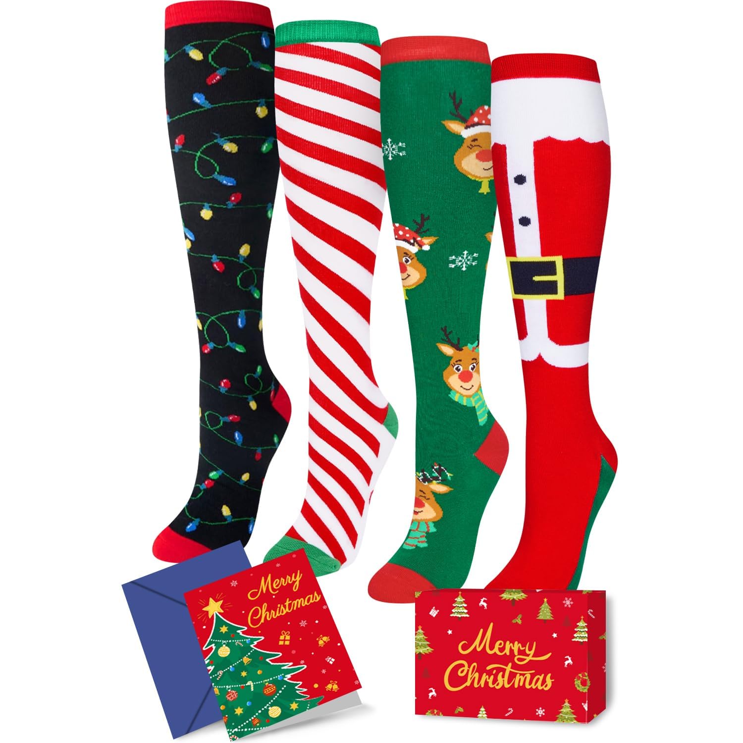 HAPPYPOP Christmas Gifts Stocking Socks for Girls - Christmas Knee High Stocking with Greeting Card for Kids 4 Pack