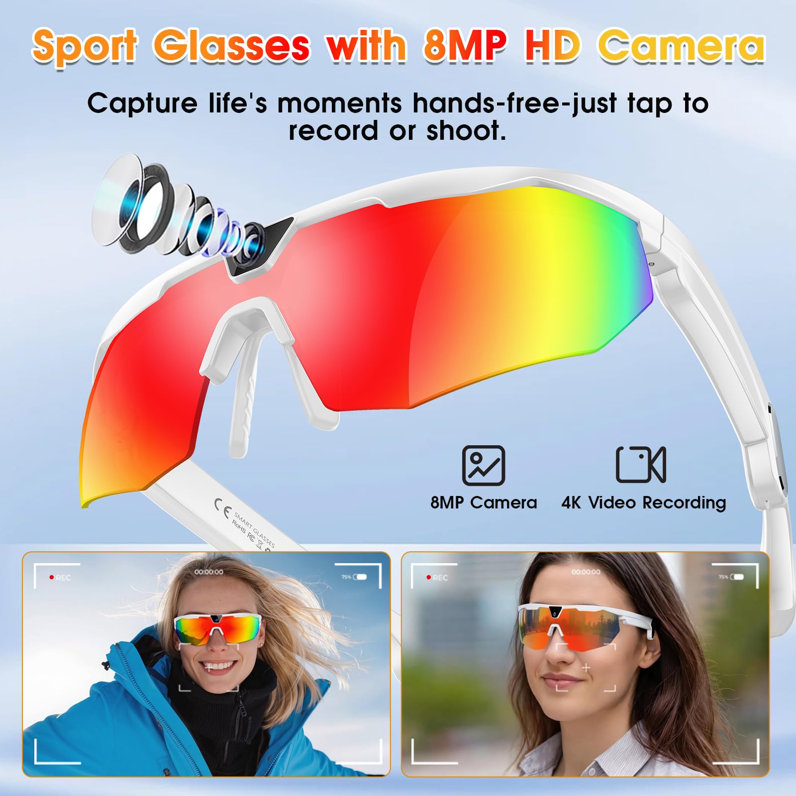 2026 Smart Glasses mit Kamera, 8MP Kamera Sportbrille für Foto & Video | KI Brille mit Offene Lautsprecher, Blendschutzgläser, Smart Brille für Outdoor-Sportarten wie Radfahren, Reisen (Weiß)