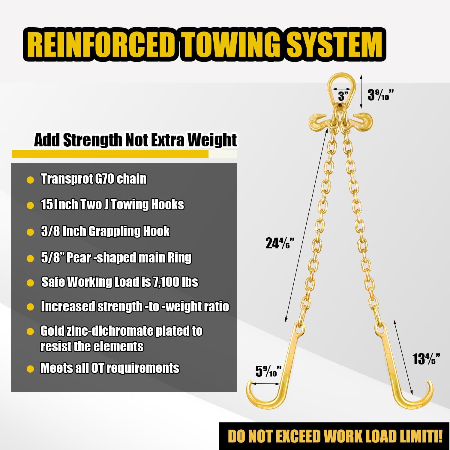 TKK 3/8" X 2' V-Type Tow Chain with 15 Inch J-Hooks Bridle Transport Chain with 7,100LBS Safe Working Load for Flatbed Truck Rollback Wrecker Carrier