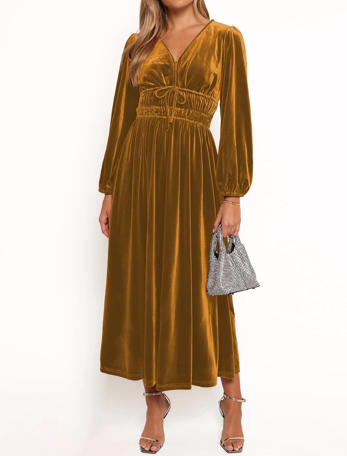 ZAFUL Womens Long Sleeve Velvet Dress 2025 Fall V Neck Holiday Cocktail Party Semi Formal Midi Dresses for Wedding Guest - Image 2