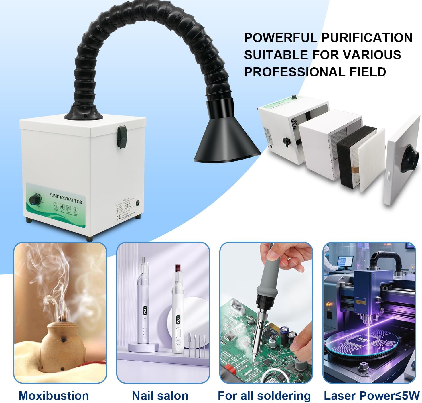 Solder Fume Extractor 70W - 155m³/h 3-layer filter Powerful & High-Efficiency Smoke Extractor with Adjustable Fume Hose for Welding, Soldering, Laboratory Use - M131