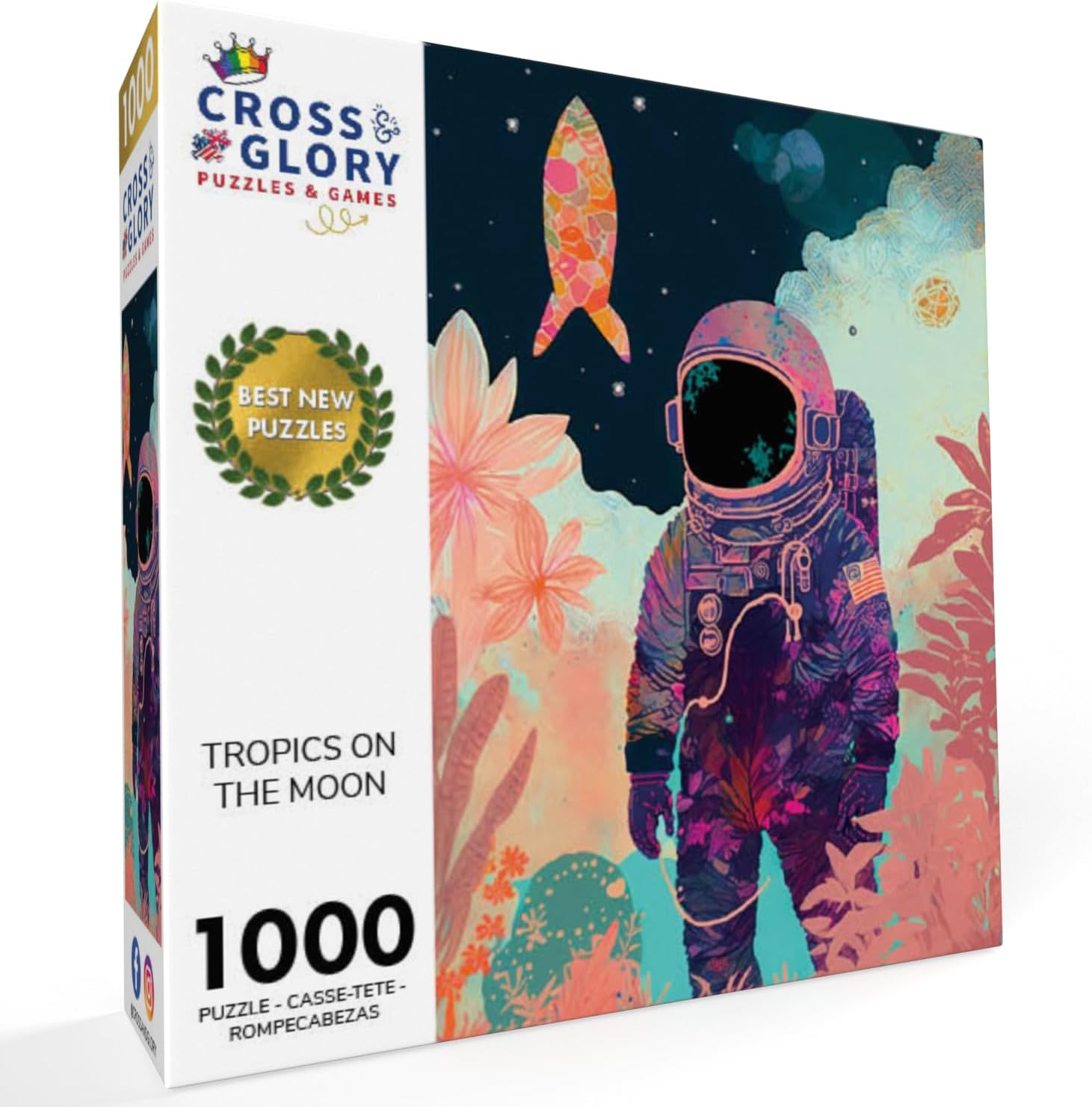 Cross & Glory - Tropics on The Moon - 1000 Piece Jigsaw Puzzle for Adults | Stunning Artwork of Astronaut and Tropical Plants on The Moon | Challenging Puzzle for Space Lovers Pieces
