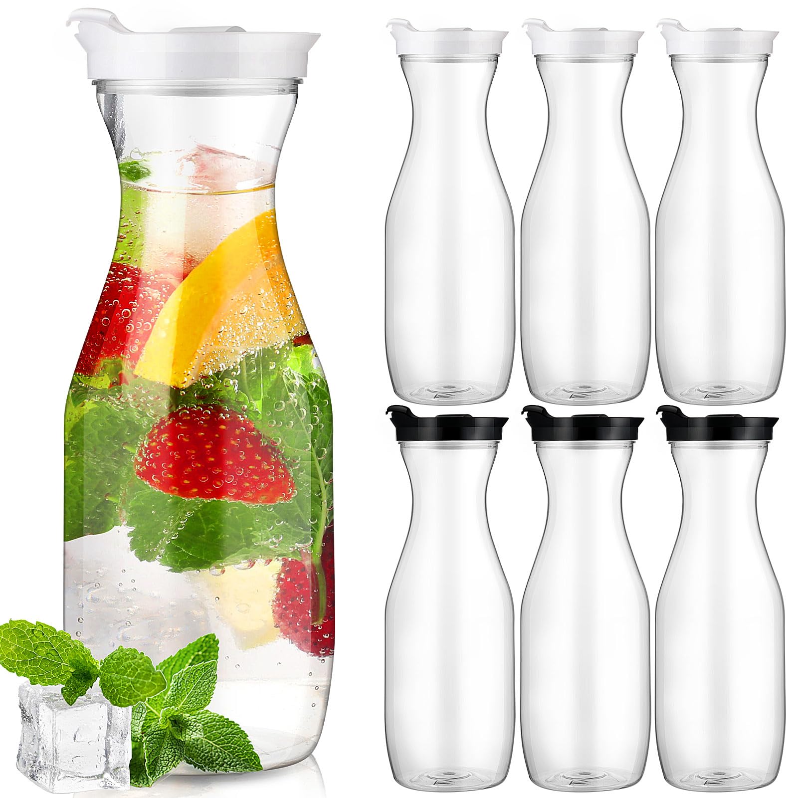 Gejoy 6 Pcs Plastic Water Carafe with Lid 32 Oz Clear,White, Black Cap