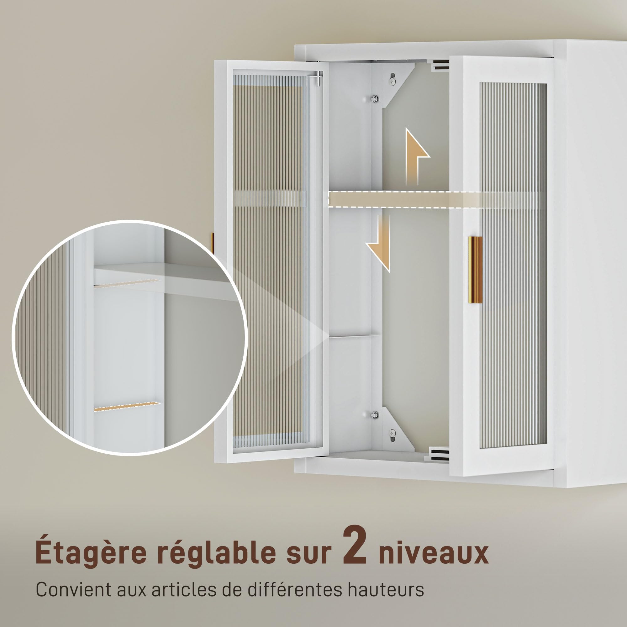HOMCOM Armoire Murale de Salle de Bain métale, 40 x 14 x 50 cm, Meuble de Rangement Suspendu avec 2 Portes cannelées en Acrylique et étagère réglable, Métal, Blanc