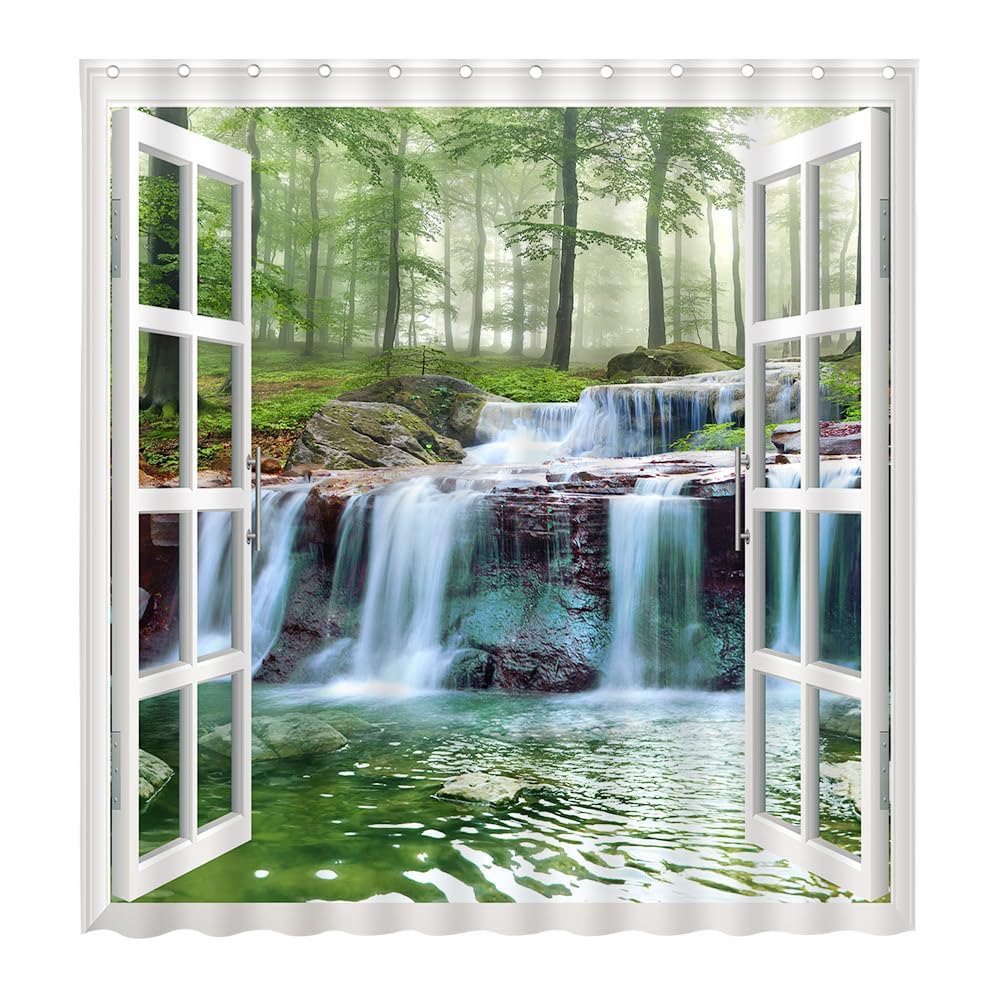Rideau de Douche Cascades 260 x 200 cm, décor extérieur de fenêtre, forêt Verte ensoleillée, décoration de Salle de Bain, Tissu Polyester, Ensemble de Rideau de Douche avec Crochets
