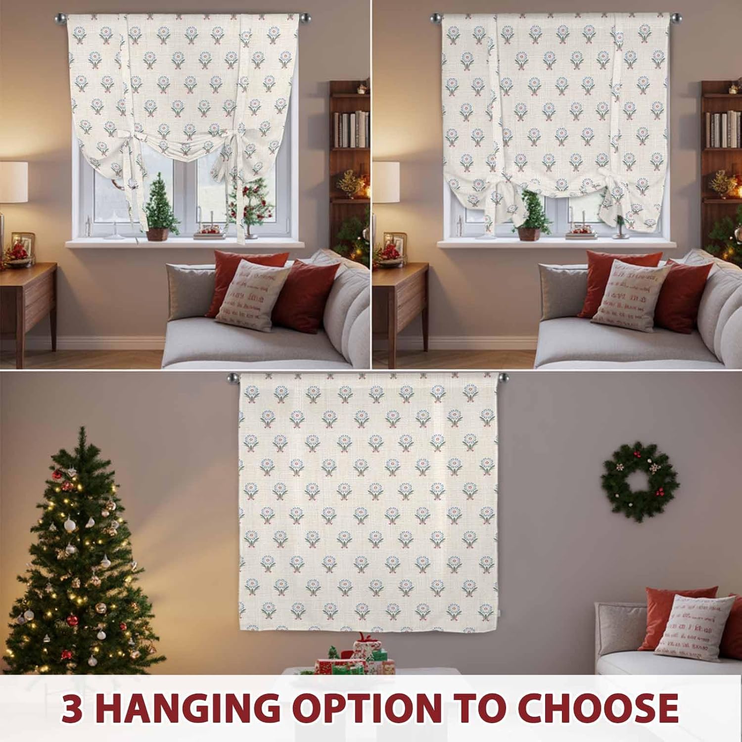 Bohemia Tie Up Curtains for Windows 63 Inch Length Balloon Curtains Kitchen Adjustable Balloon Window Shade Modern Abstarct Floral Flowers Boho Beige Tie Up Valance Bathroom Curtain Window 52"x63"