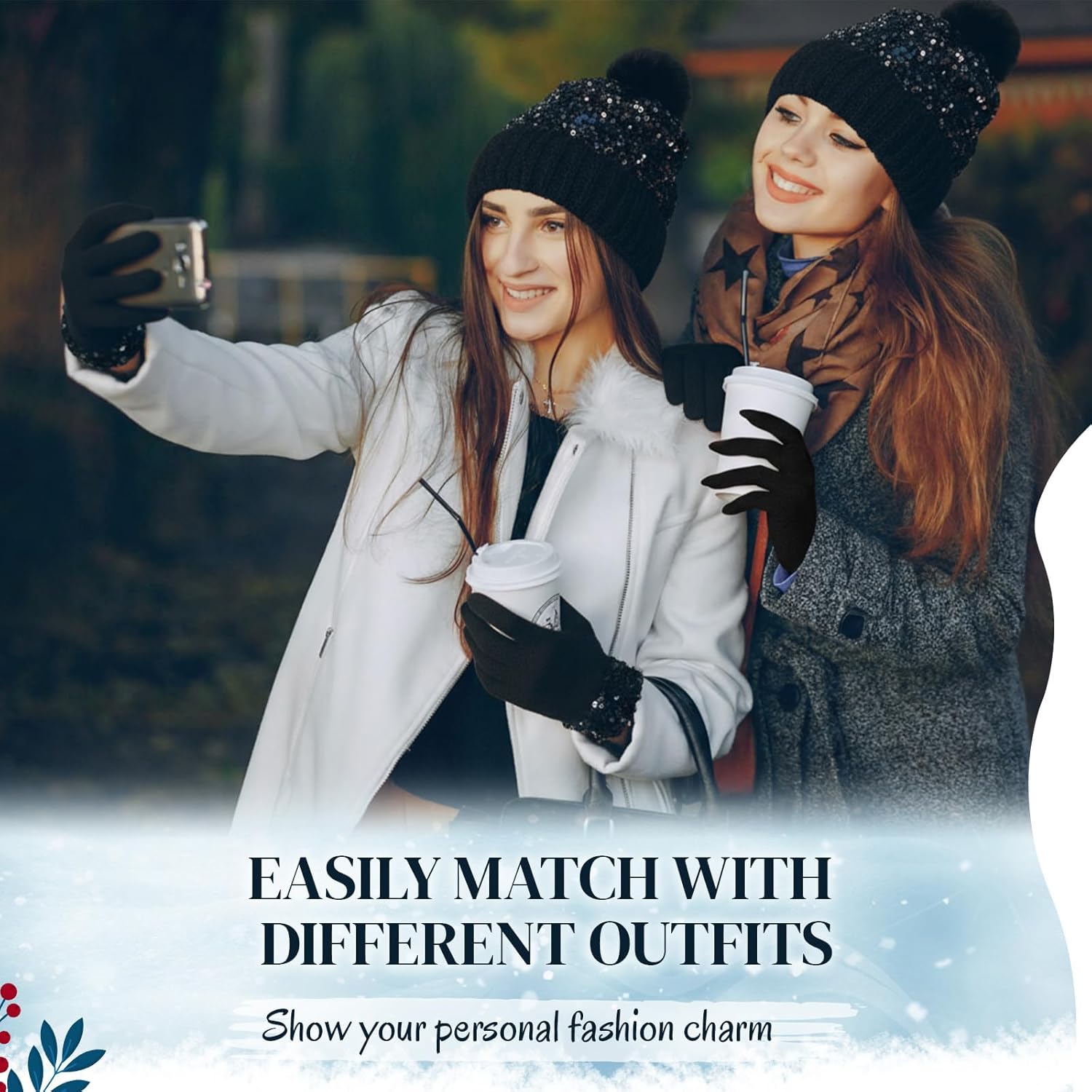 Winter Beanie Hat Gloves Set Furry Hat with Yarn Pom Warm Skull Cap Soft Gloves for Women - Image 5