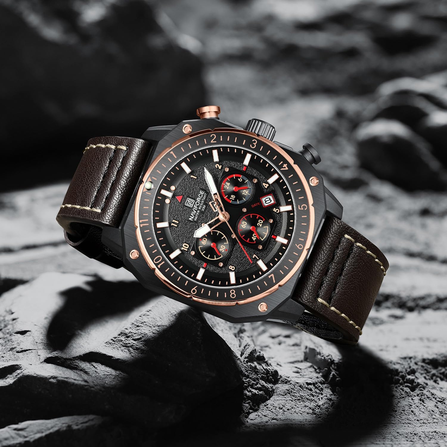 NAVIFORCE Men's Fashion Sport Watches Military Square Big Face Waterproof Chronograph Wristwatch with Luminous Hands,Leather Strap