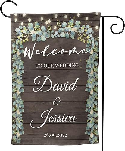 Miniatura 2 de Bandera de boda, 12 x 18 pulgadas, luces de madera personalizadas de doble cara, hojas elegantes, bandera de boda con nombre y fecha, señal de