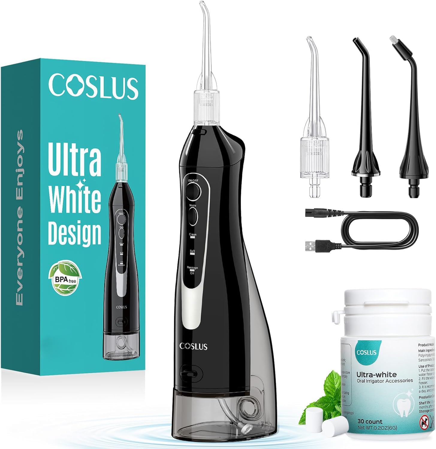 COSLUS Irrigador dental de agua blanqueador: irrigador bucal de agua portátil profesional, 300 ml, inalámbrico, para blanquear los dientes Pik IPX7, impermeable, eléctrico, de viaje, F5020E (30