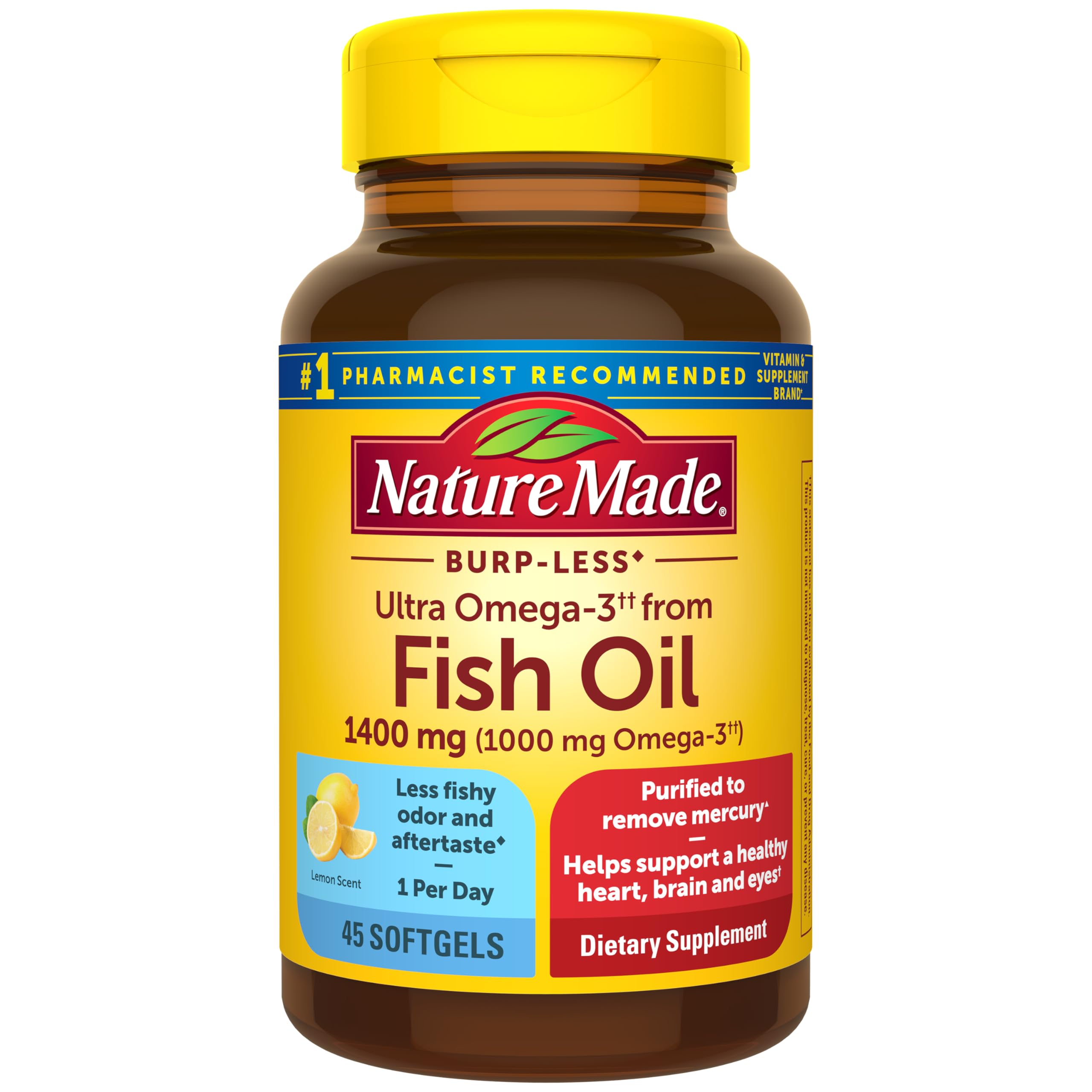 Fish Oil Burp-Less Ultra Omega 3 1400 mg One Per Day, 45 Softgels, Fish Oil Omega 3 Supplement For Heart, Brain, and Eye Health