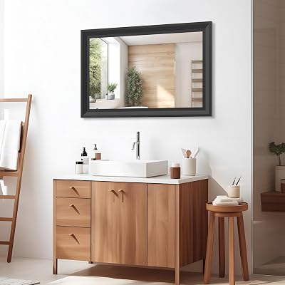 Large Modern Wall Mirror for Bathroom, 36" x 24" Aluminum Frame Wall Mounted Mirror Hangs Horizontal or Vertical for Bedroom Bathroom, Black