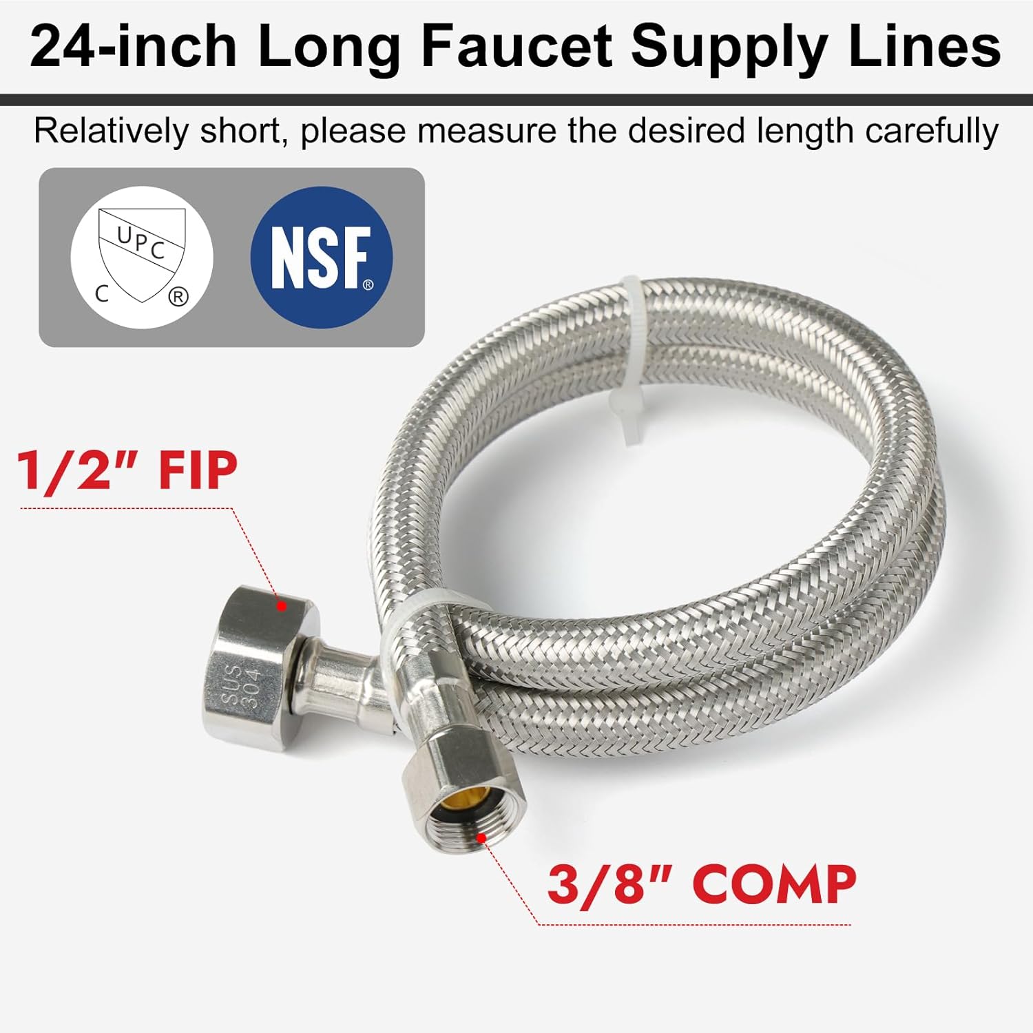 Midanya Faucet Supply Lines,24" Stainless Steel Braided Water Supply Line, 1/2" FIP x 3/8" COMP Faucet Hose, Faucet Hose Connector x 2 Pcs (1 Pair)
