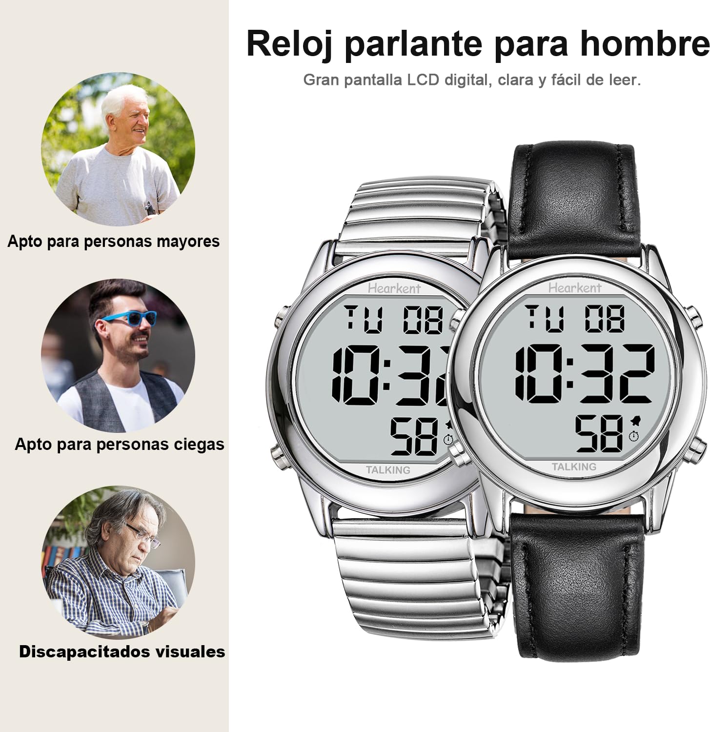 Orologio parlante atomico, orologio da polso semplice e moderno per anziani, facile da leggere per non vedenti con disabilità visive, orologio con display digitale per un orario preciso