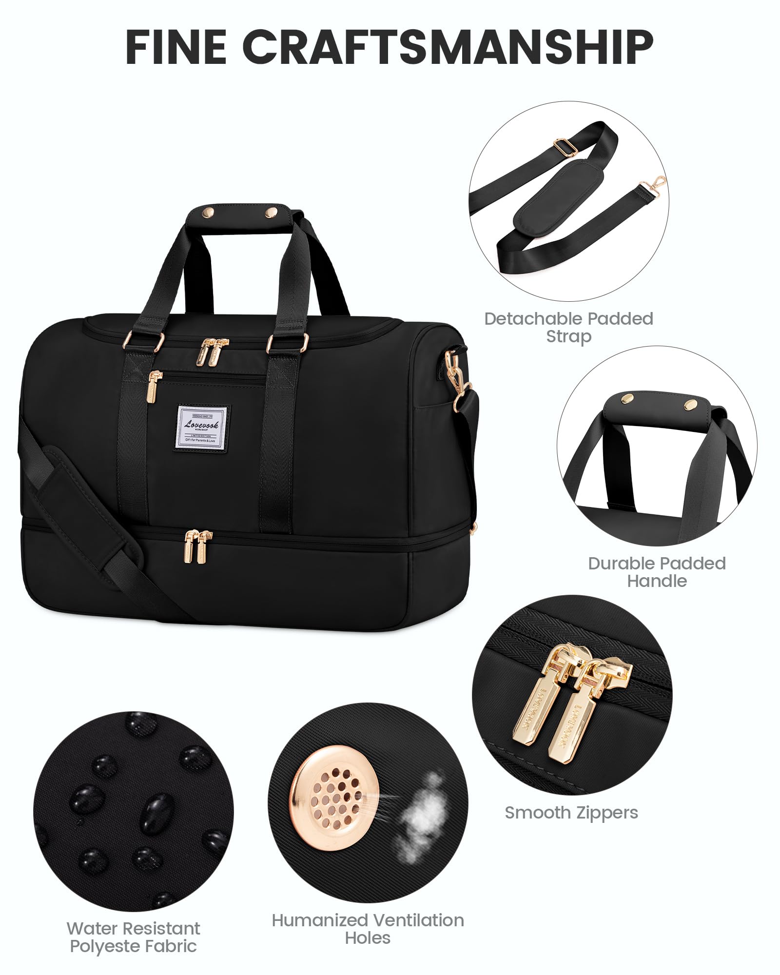 LOVEVOOK Borsone da Viaggio Borsa Palestra Donna, 50L Bagaglio a Mano con Scomparto per le Scarpe, Impermeabile Borsa Sportiva Piscina, Grande Weekend Travel Duffel Gym Bag per Aereo Fitness, Nero