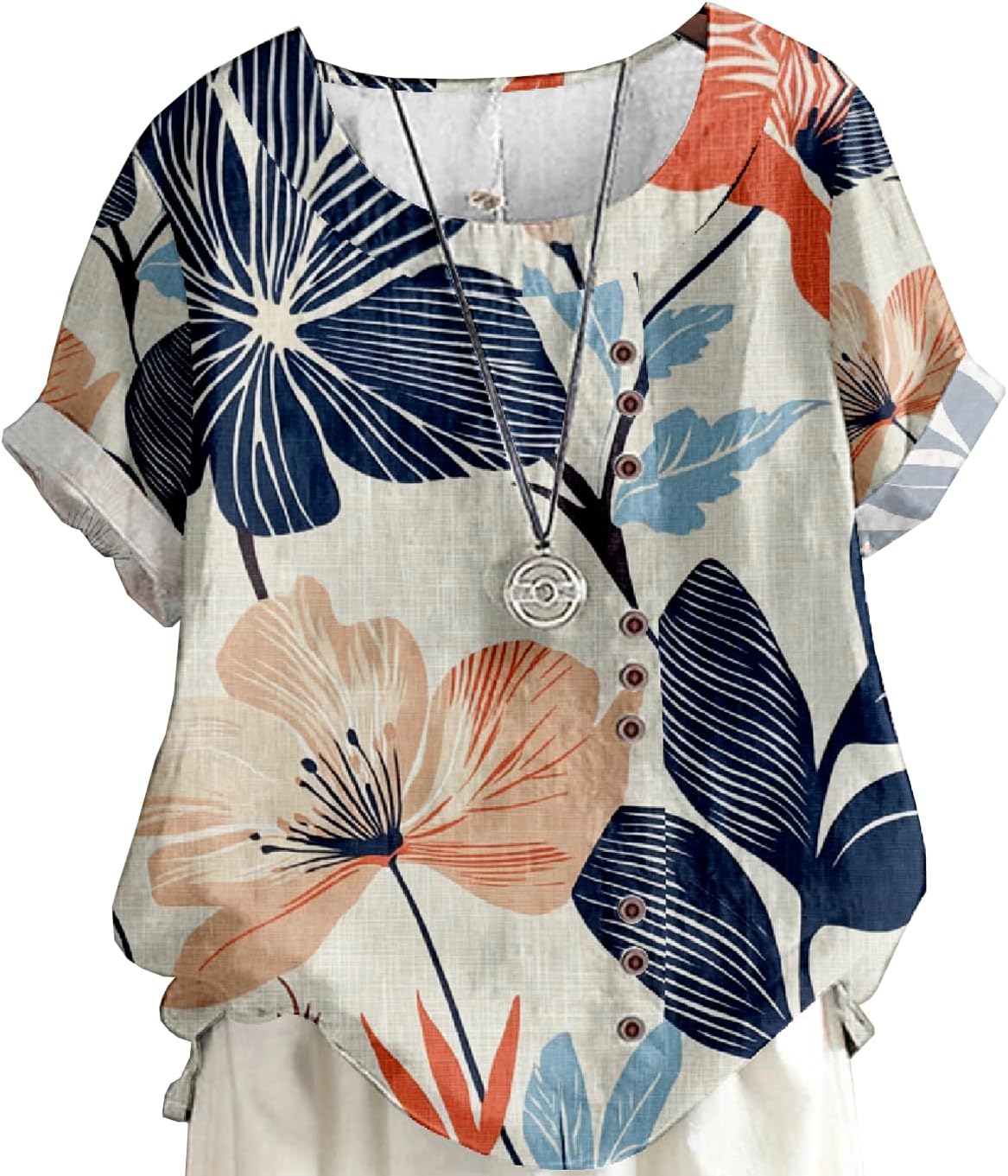 Women's Linen Tops Short Sleeve Boho Summer Floral Graphic Tees Japanese Tunic T Shirts Casual Button Blouses
