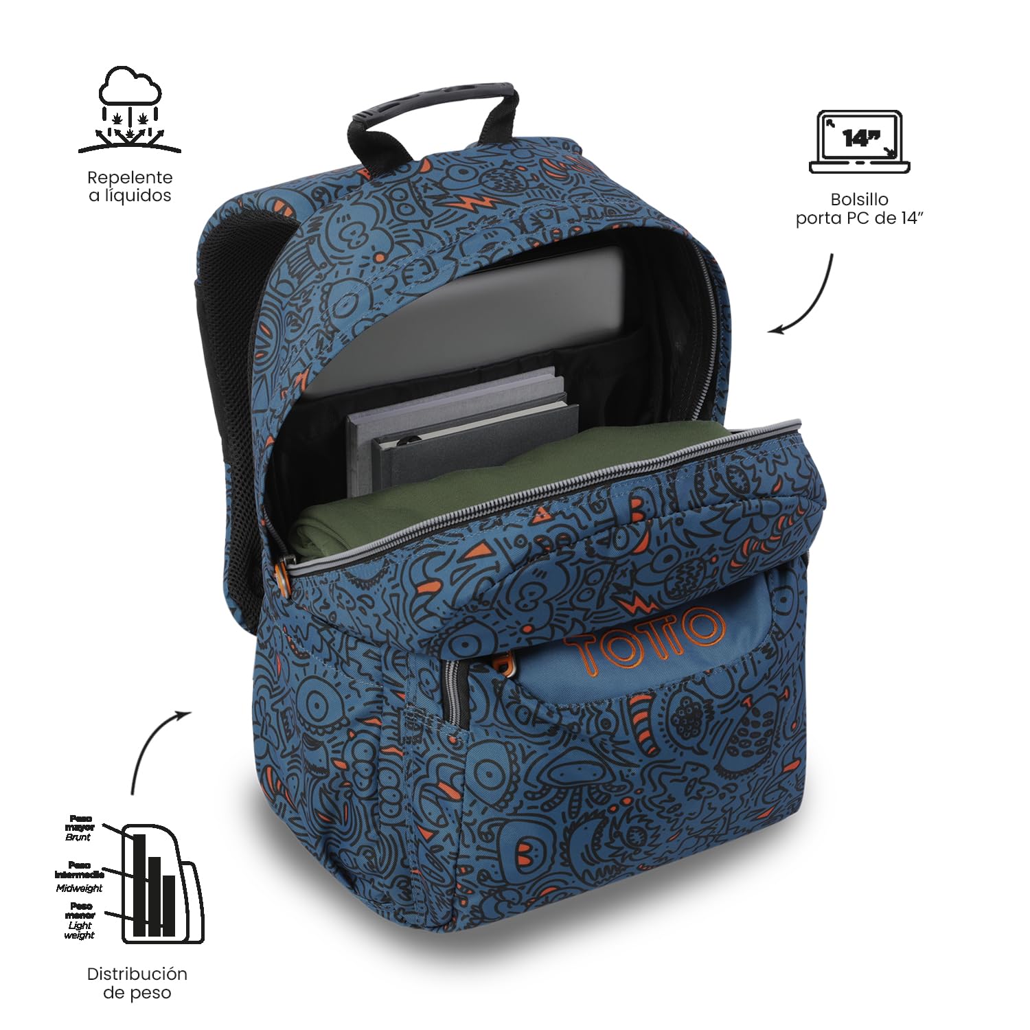 TOTTO - Mochila Escolar Adaptable a Carro, Modelo Acuareles, Capacidad 20 L, Bolsillo Pc 14", Bolsillos Botella, Espaldar Ergonómico con Flujo de Aire, Cómodas Correas en S, Estampado Grafer