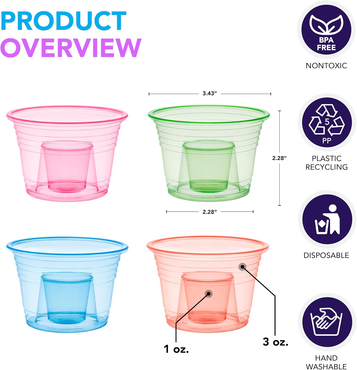 Party Essentials Soft Plastic Bomber Shot Cups, Jager Blaster Power Bombs Cups, 3 oz., 50-Count, Assorted Neon