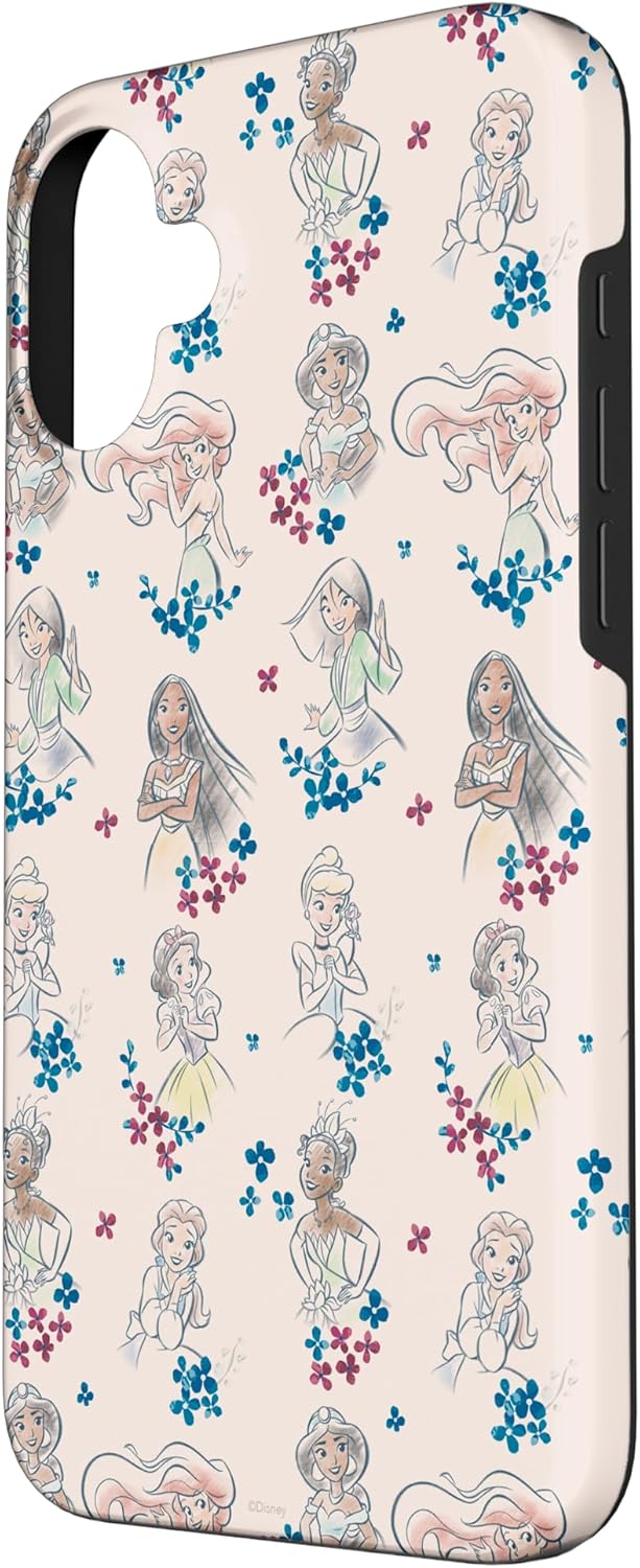 Disney Princess Tiana Belle Jasmine Ariel Sketch Floral Pink Case for iPhone 16 Plus
