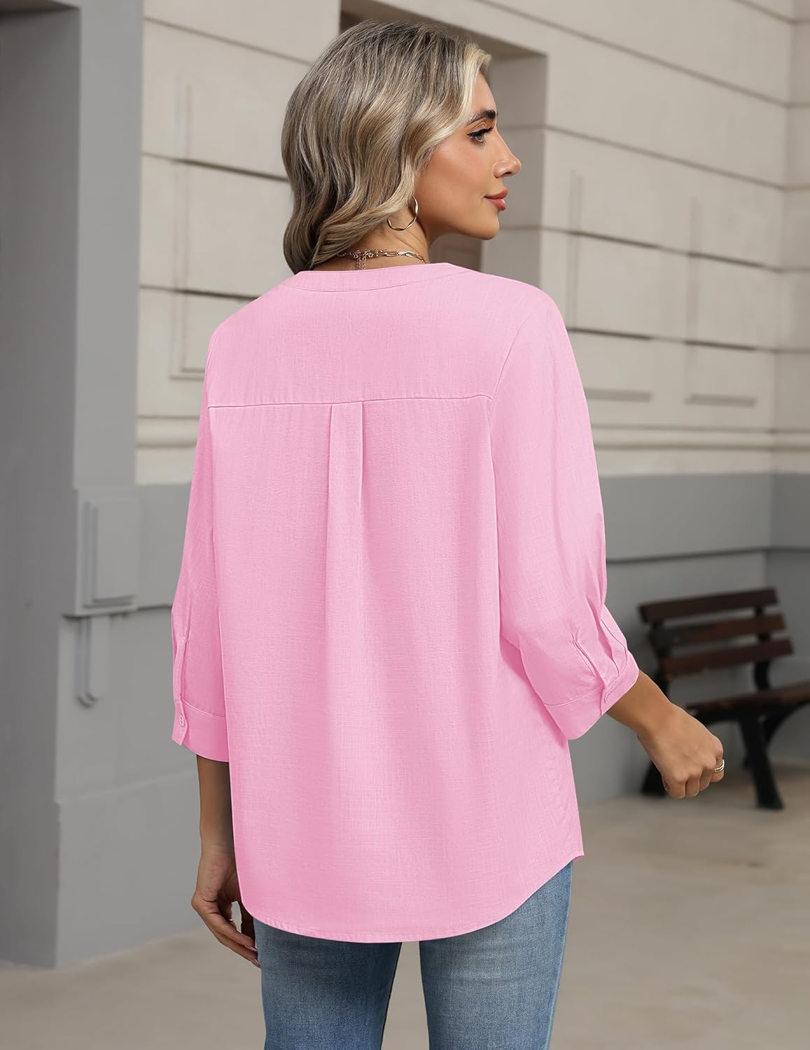 Zeagoo Button Down Shirts for Women 3/4 Sleeve Linen Cotton V Neck Tops Dressy Casual Loose Work Blouses - Image 4