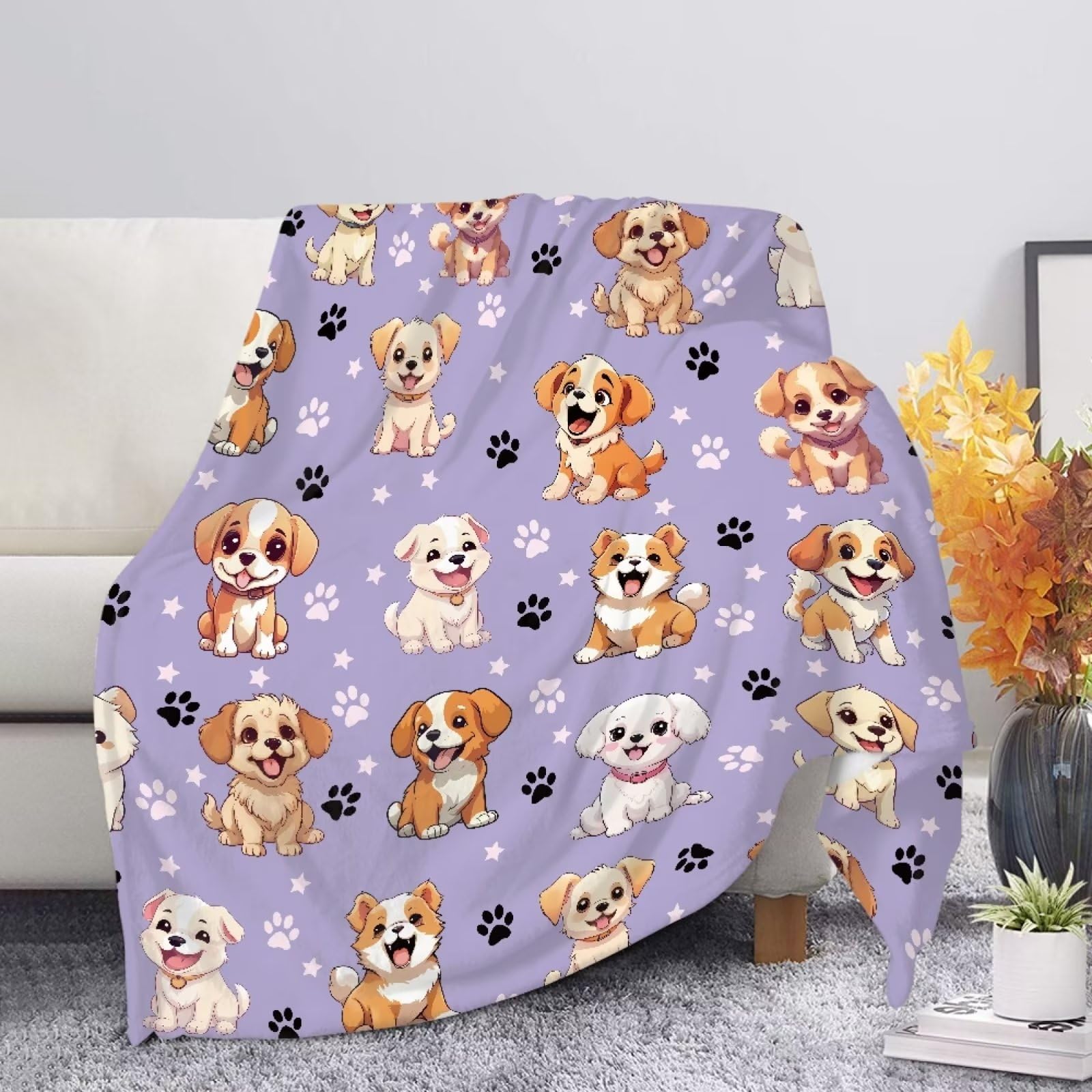 chaqlin Manta de franela para mascotas, mullida, con estampado de patas, súper cálida y suave, para funda de cama, tapete de sueño mullido para perros y gatos, mantas moradas para cachorros para niños