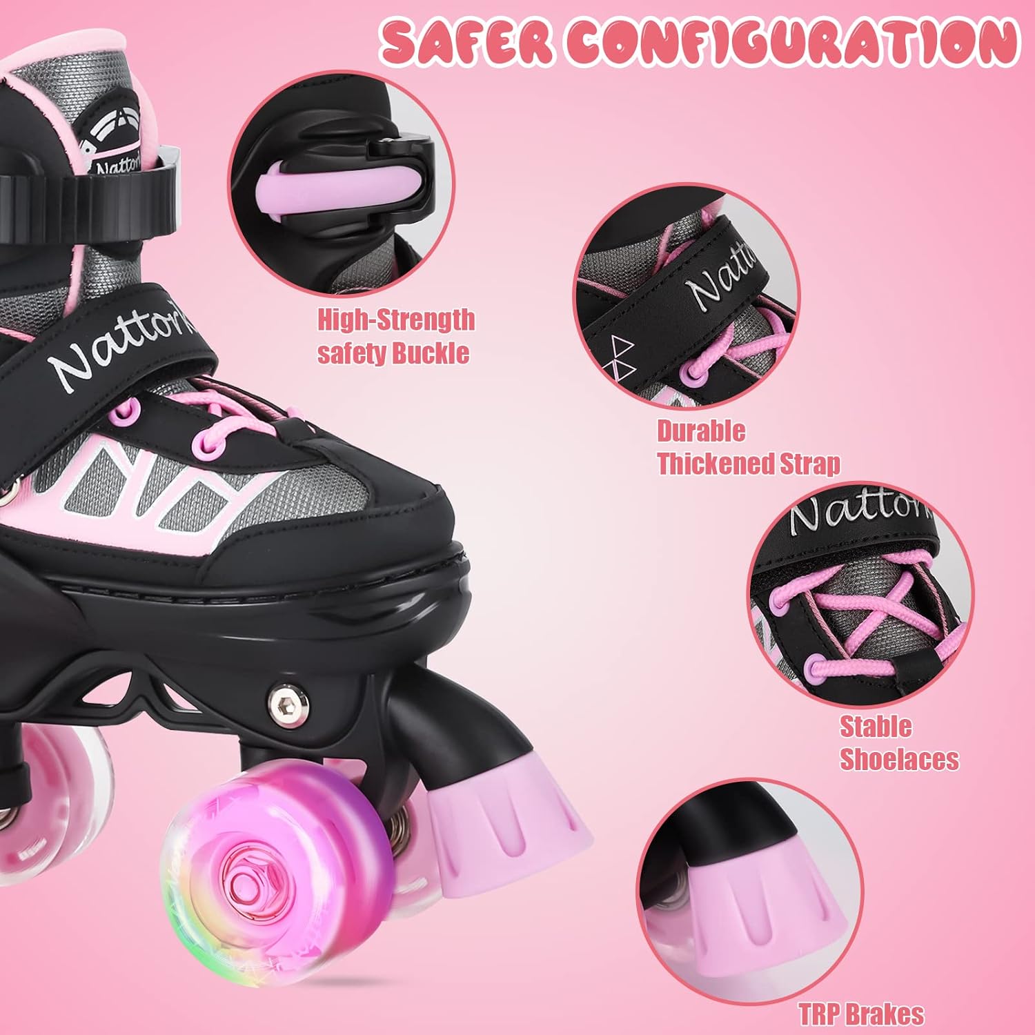 Nattork Kids Roller Skates for Boys Girls,4 Sizes Adjustable Roller Skates with Light up Wheels,Fun Rollerskates for Toddler Kids Beginners Indoor Outdoor