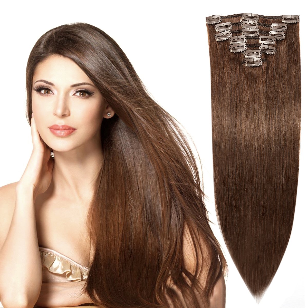 18" Remy Hair Extensions Clip in Human Hair with 15clips 7pcs Soft Smooth Straight &Thin for Lady (70g, Medium Brown #4)