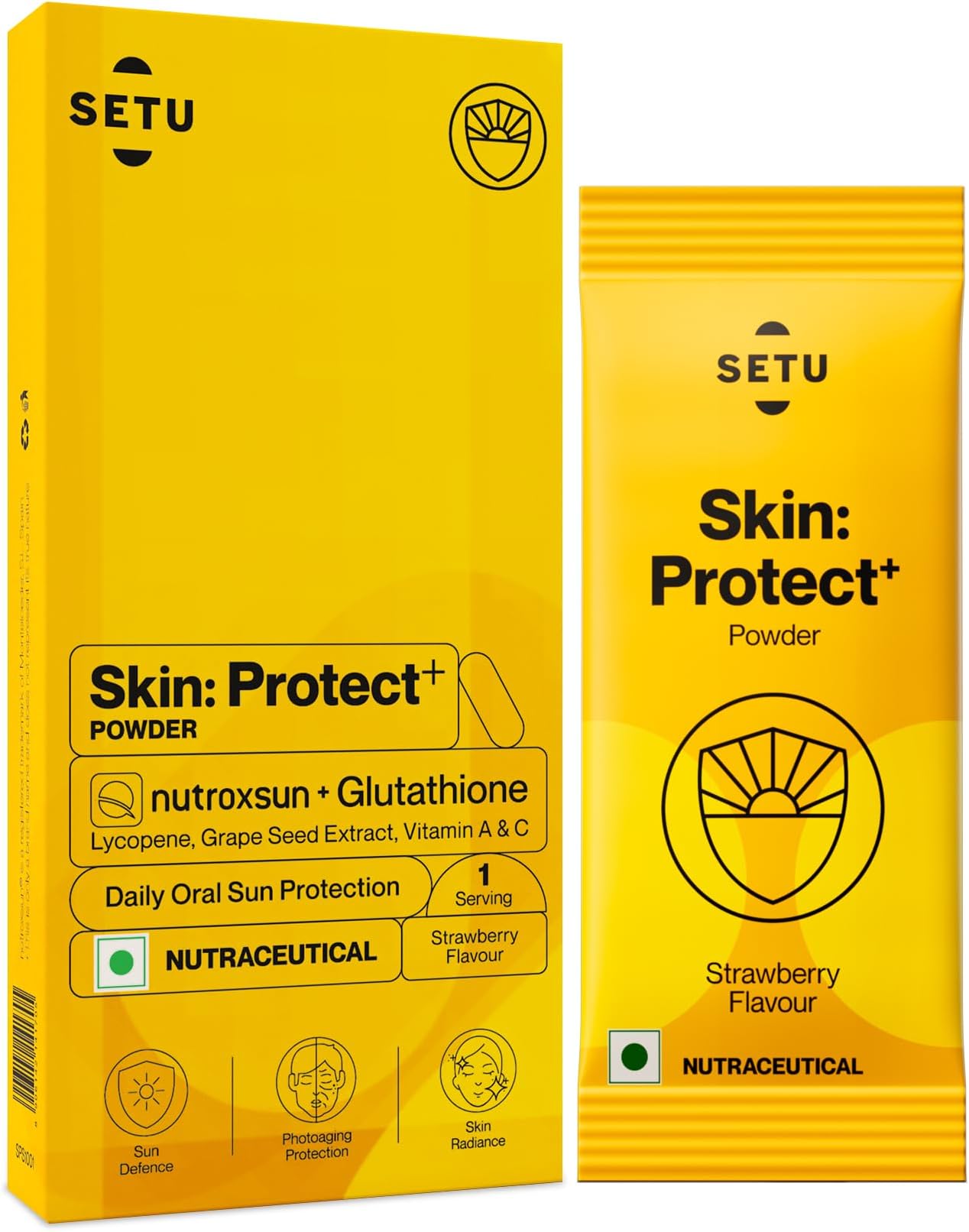 Setu Skin Protect - Drinkable Sunshield with Plant Based NutroxSun & Glutathione for Advanced Sun Protection | Boosts UV Tolerance, Reduces Pigmentation & Photoaging (1 Serving, Strawberry)