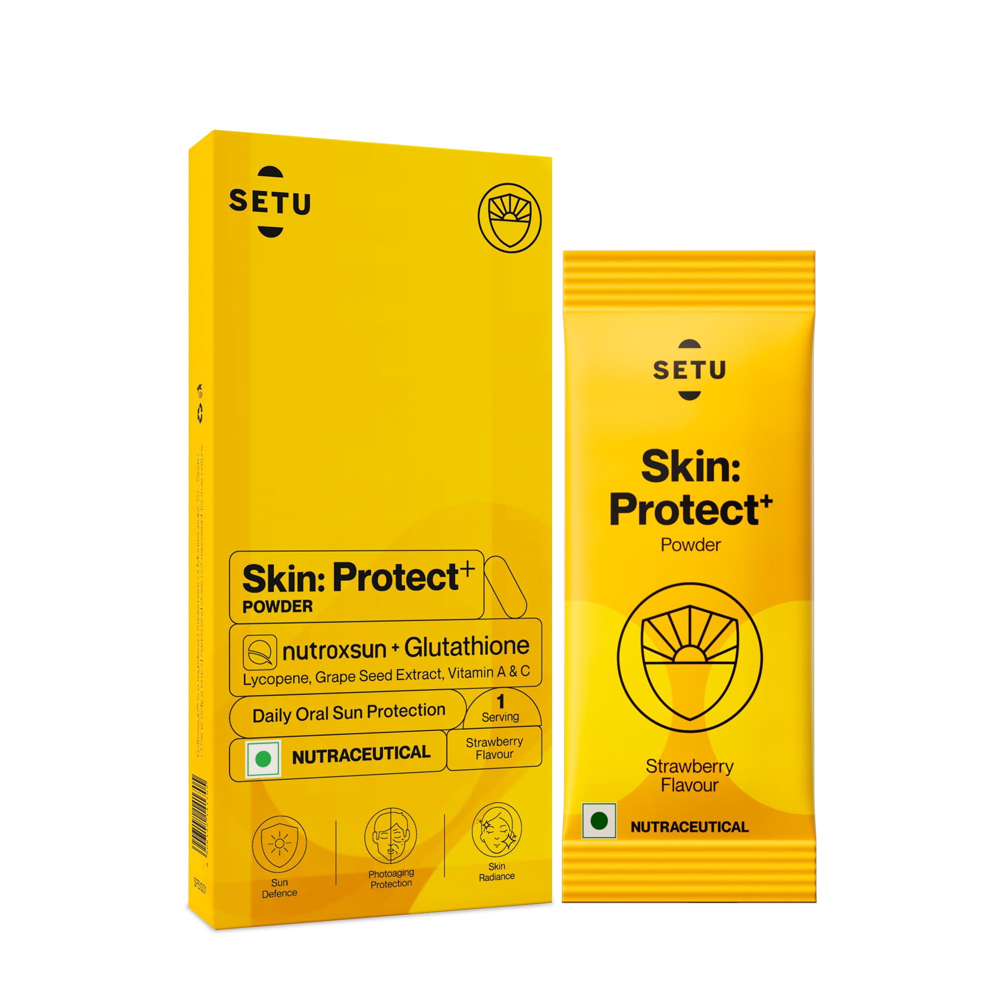 Skin Protect - Drinkable Sunshield with Plant Based NutroxSun & Glutathione for Advanced Sun Protection | Boosts UV Tolerance, Reduces Pigmentation & Photoaging (1 Serving, Strawberry)