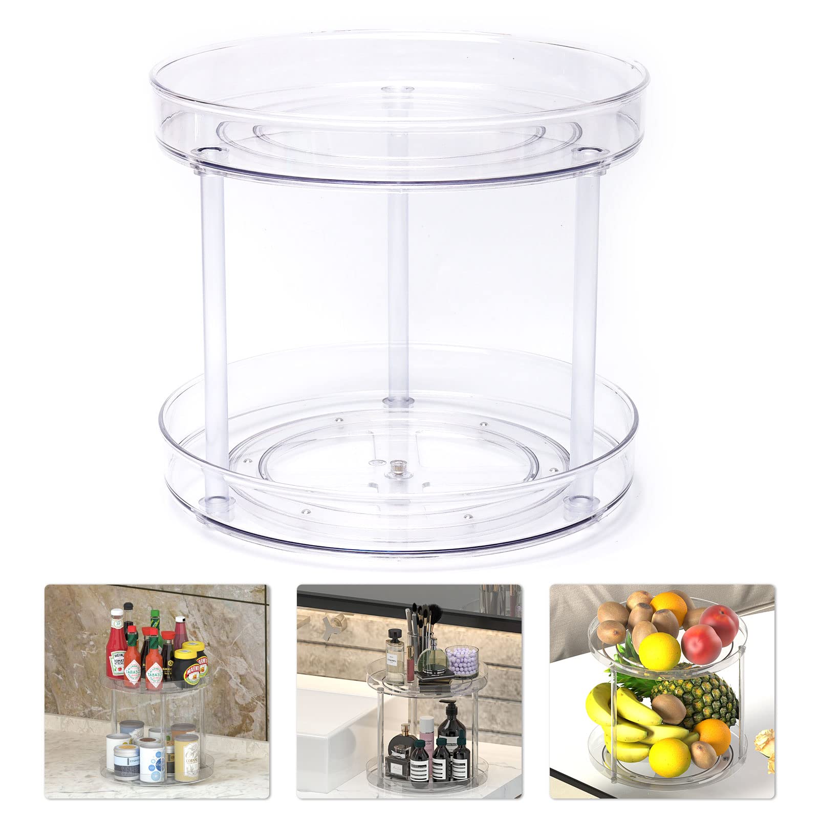 Top-spring Lazy Susan Turntable Spice Rack, 2 Tier Makeup Organiser Rotating Storage Rack for Bathroom Kitchen Organization, Cupboard Organizer for Condiments, Spices, Snacks, 10.63'' (Clear)