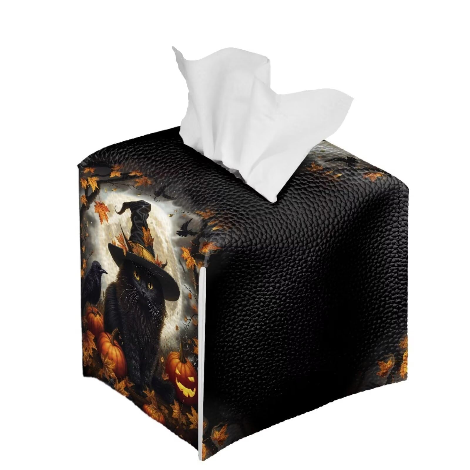 Sellikakes Halloween Black Cat Pumpkin Tissue Box Covers Square for Bathroom, PU Leather Decorative Cover, Soft Facial Kleenex Napkin Tissues Organizer, Easy to Care