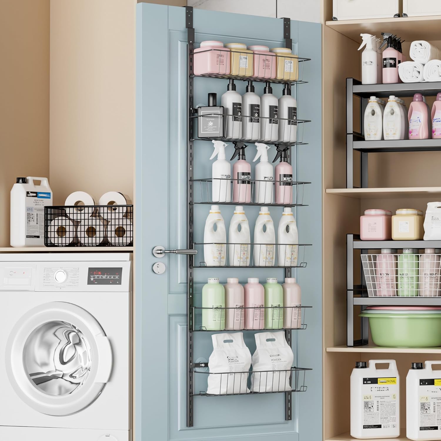 Tür Organizer,Hängeorganizer mit 6 Körben bis 27kg,Küchentür Organizer,Gewürzorganizer Pantry Bad Tür Ablage Waschküchen Organizer,Vorratsschrank-Organizer & Gewürzregal Hängend,160*39*27cm,Schwarz
